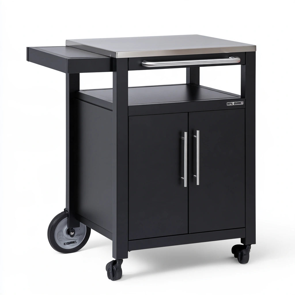 Carrello da lavoro per esterni dalle linee essenziali su ruote, colore argento e nero