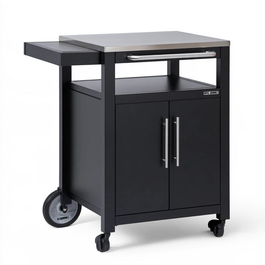 Carrello da lavoro per esterni dalle linee essenziali su ruote, colore argento e nero